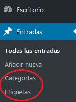 Acceso a la gestión de las categorías y etiquetas del WordPress desde la administración