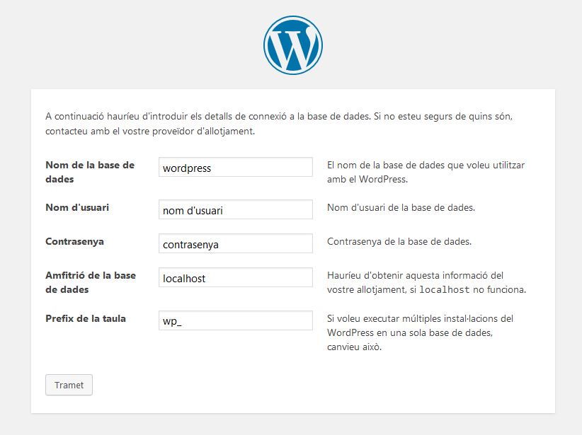 Instalación de WordPress - Pantalla para configurar el acceso a la Base de Datos y el prefijo de las tablas