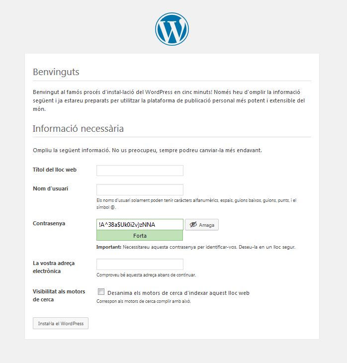 Instal·lació de WordPress - Pantalla per donar títol al web i per crear un usuari administrador