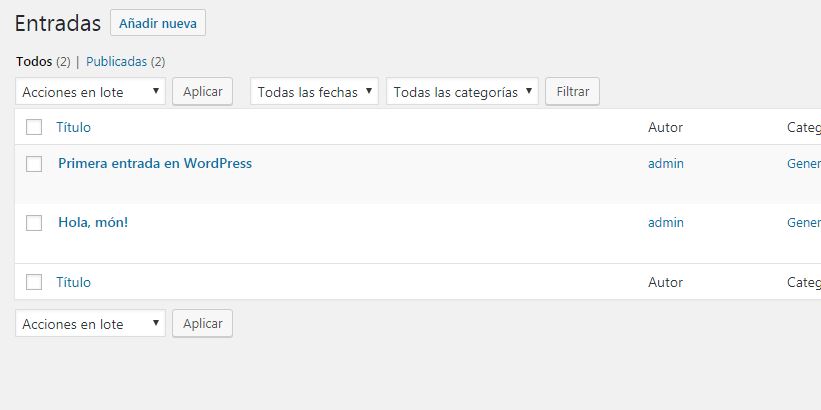 Pantalla que muestra las Entradas existentes en nuestro WordPress. También nos permite crear de nuevas.
