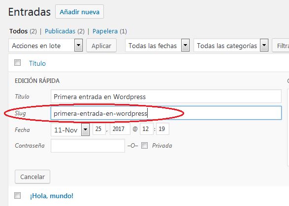 Edición Rápida del Slug del listado de Entradas o Páginas