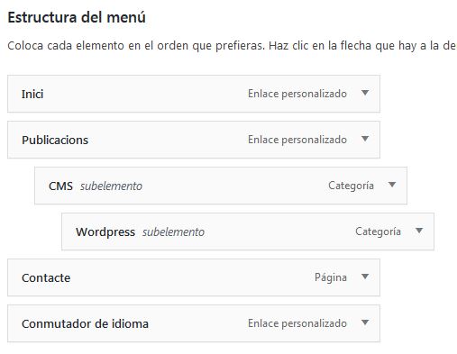 Estructura del menú de la pantalla de edición de menús de WordPress